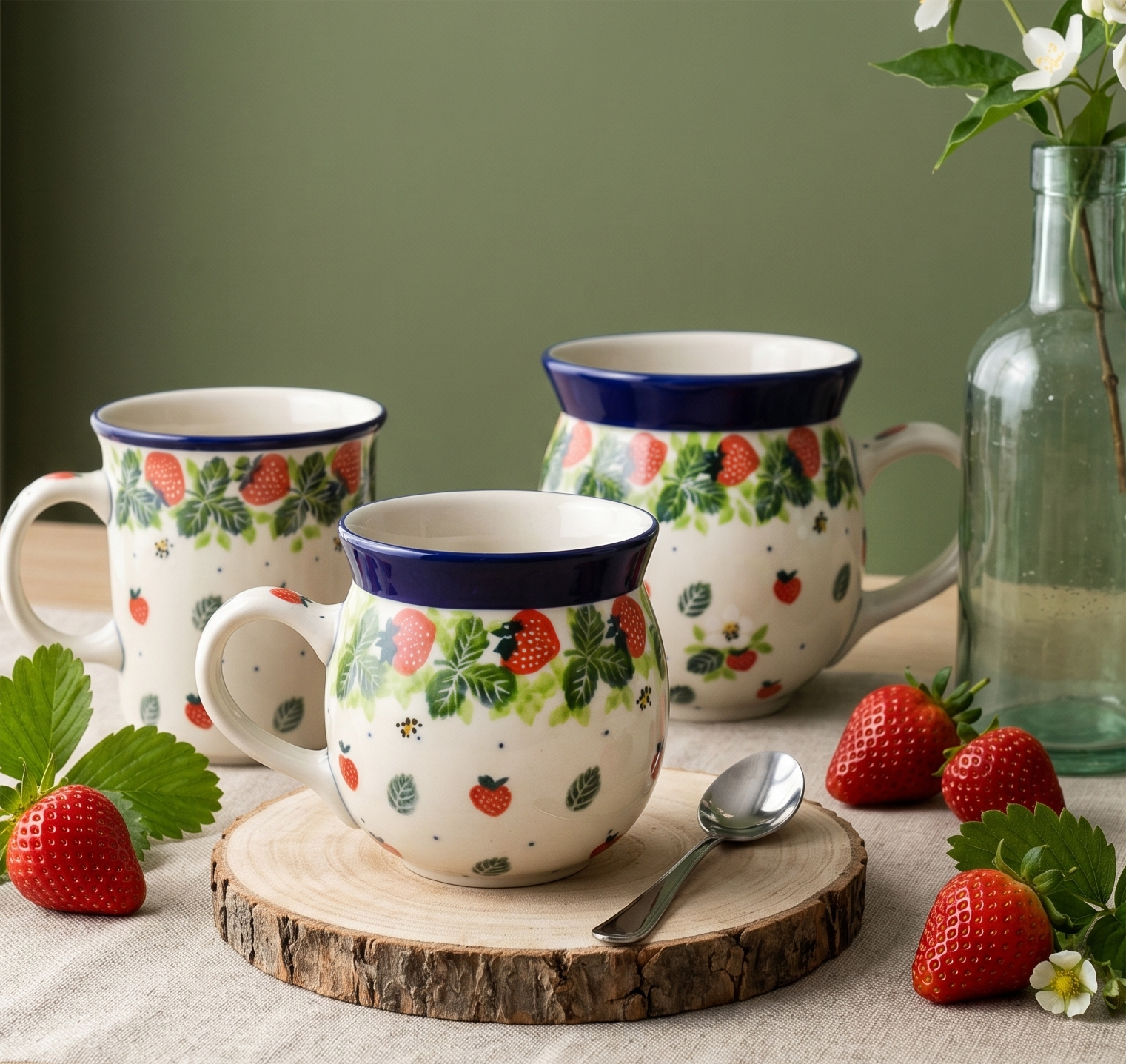 Ceramiczne naczynia, ręcznie malowane, ceramika artystyczna bolesławiec dekoracja 2709X truskawki