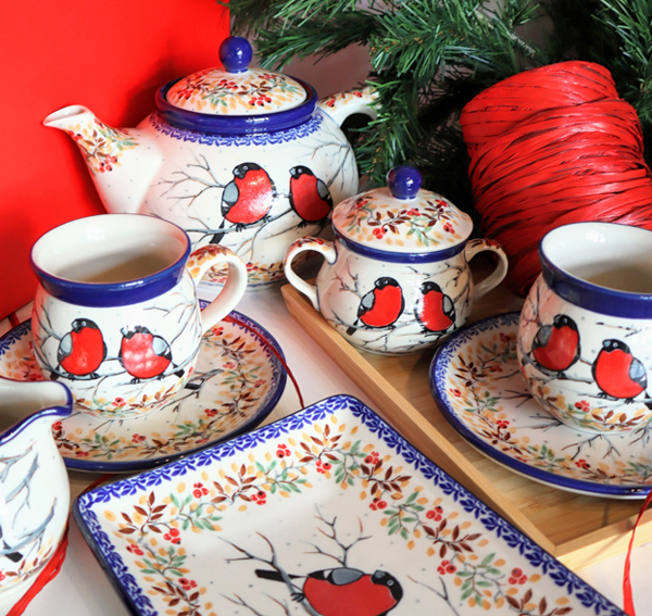 Ceramiczne naczynia, ręcznie malowane, ceramika artystyczna bolesławiec dekoracja U4908 gile, zimowe ptaki