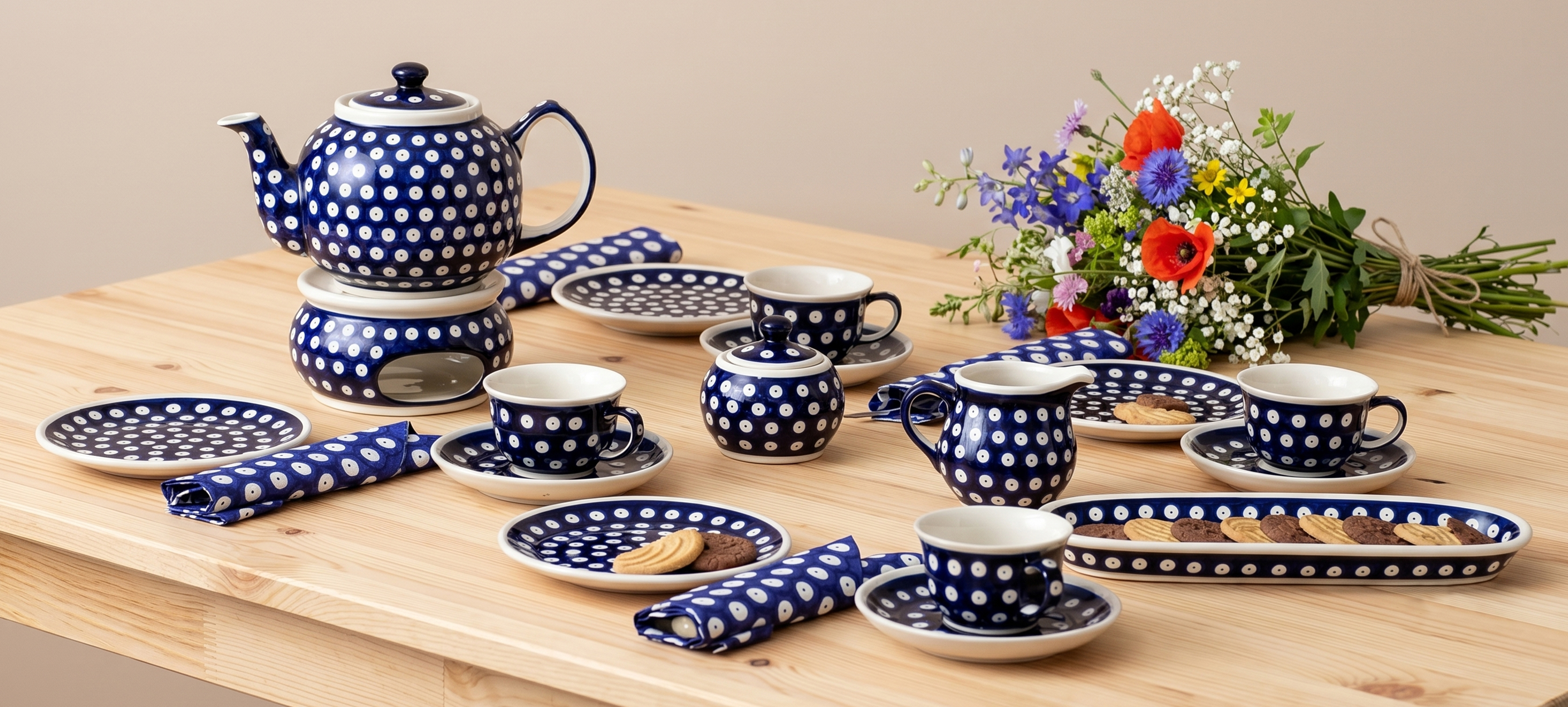 Serwis do kawy i herbaty stojący na stole w ogrodzie, zestaw ceramiczny w kropki dekoracja 42