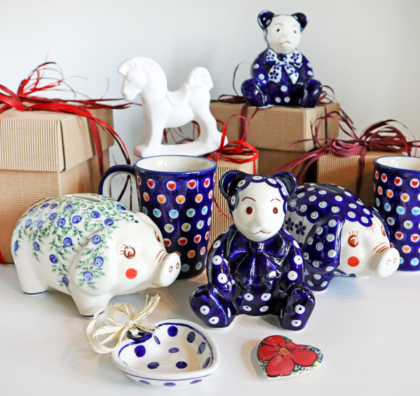 Ceramiczne figurki, świnka skarbonka, miś w kropki, różne dekoracje, ozdoby ceramika bolesławiec